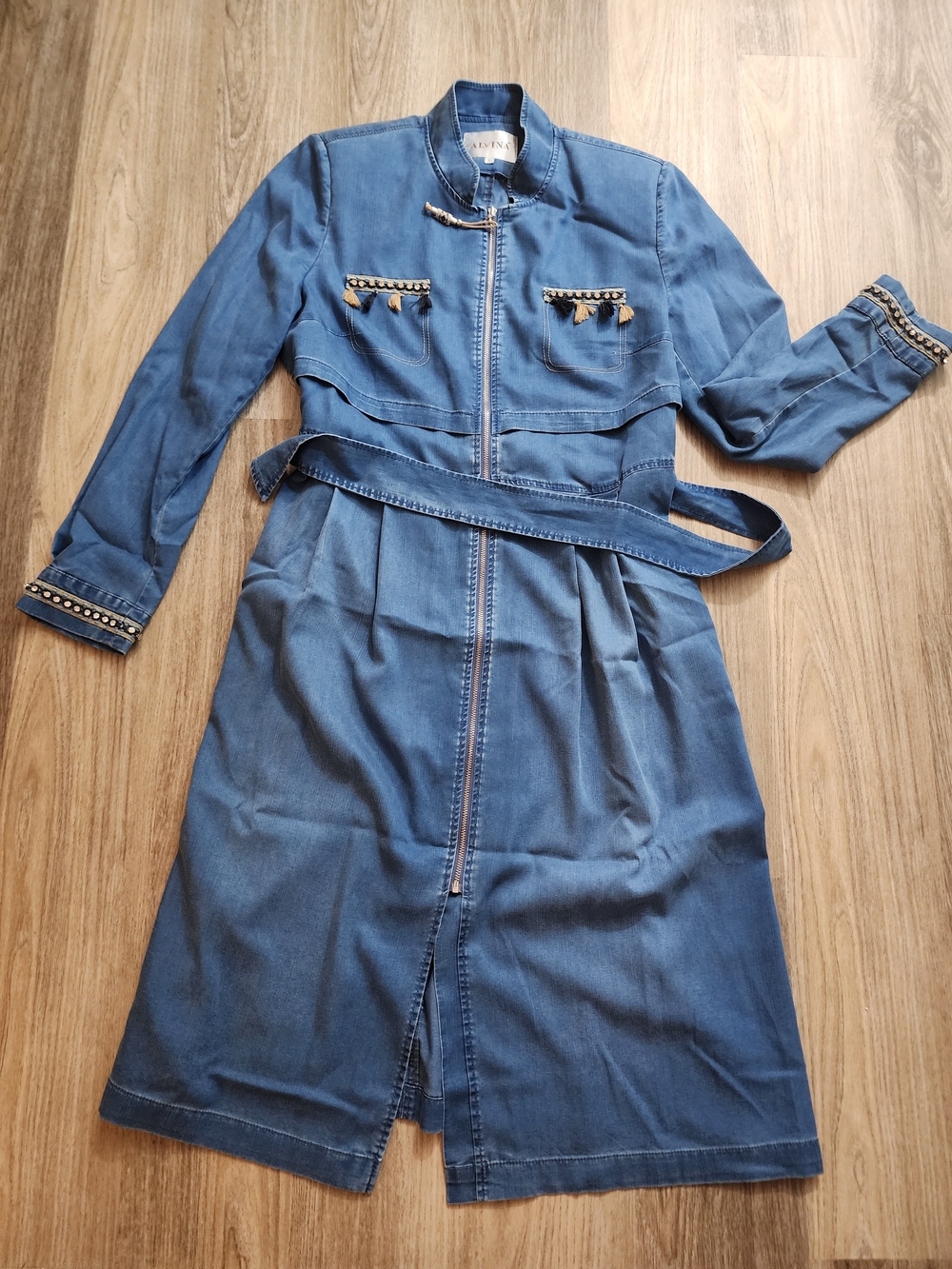 Alvina Valenta Blue Denim Zip-Front Belted Long Sleeve Dress